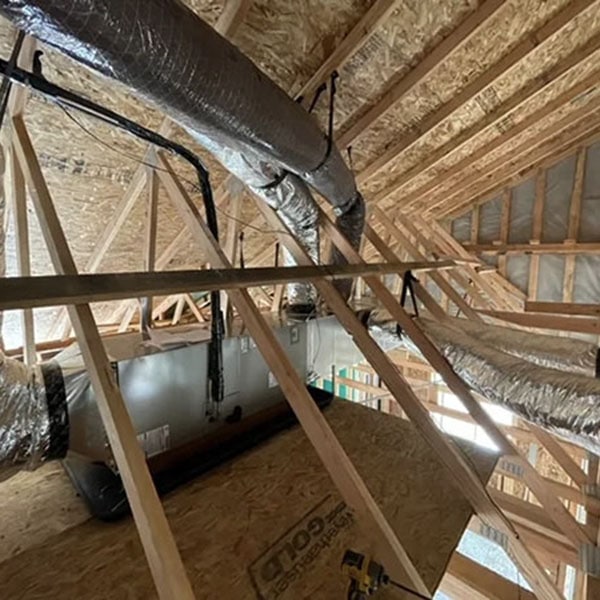 Air ducts in the attic of a home being built.