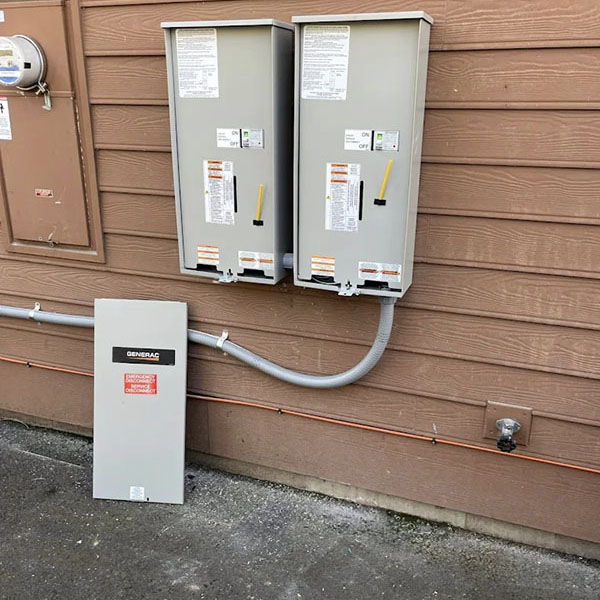 Electrical circuits and panels on the outside wall of a building.