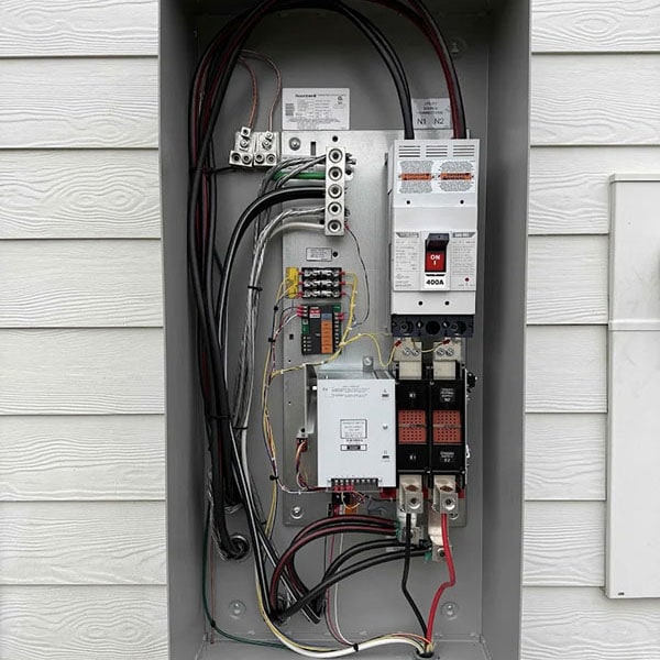 Newly installed electrical panel with organized black and red wires.