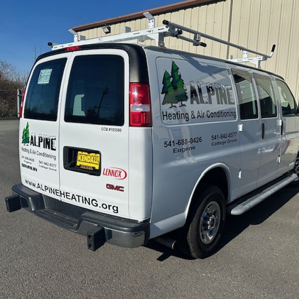 The back of an Alpine branded work vehicle.