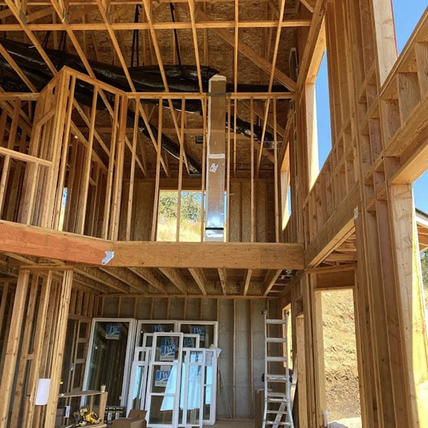 Ductwork in the attic of a new construction building.